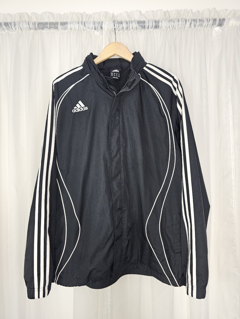 Adidas Full-Zip Windbreaker Track Jacket Black & White Piping Y2K Size Medium
